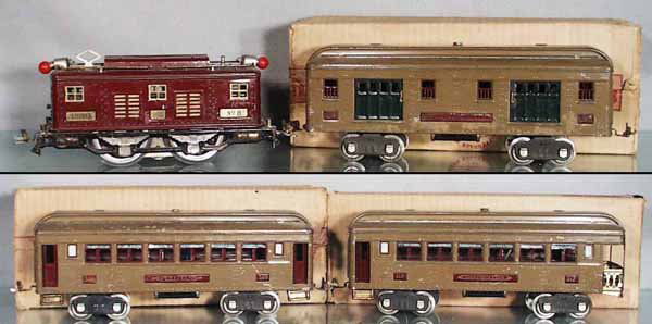 LIONEL TRAIN SET: std ga, 8 Loco, rewheeled, 310 Baggage, 1 side has oxidation spots, 309 Pullman, dent in roof, 312 obsv, C4-5.