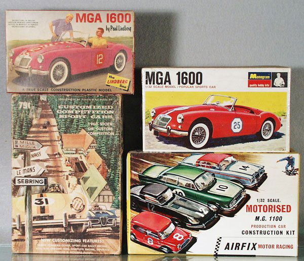 4 MG MODEL KITS: 1967 Monogram MGA 1600, sealed in plastic; Lindberg MGA 1600, sealed; Palmer 1960 MGA, orig box worn; Airfix MG 1100, motorized, all are unassembled, C9-10.
