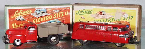 2 SCHUCO VARIANTOS: 3112U Lasto, 3117 Fire Truck, both are battery operated, not working, orig boxes minor wear, C8.