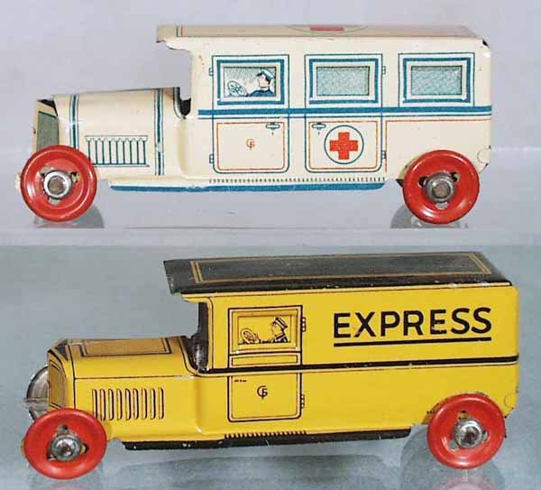 2 GEORGE FISCHER PENNY TOY TRUCKS: lithographed tin, 4 1/2 in long, C6-7.