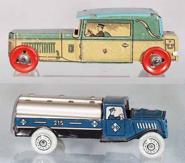 2 PENNY TOY VEHICLES: lithographed tin, George Fischer Limousine, 4 1/4 in long; George Kellerman BV Gas Truck, 4 in long, C5-6.