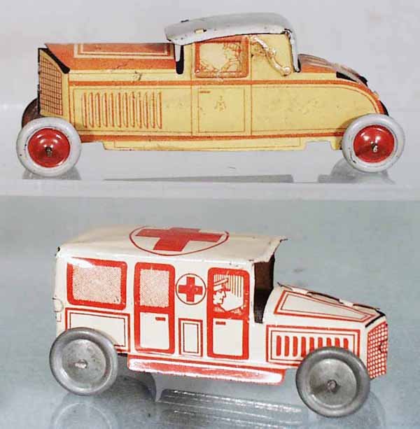 2 PENNY TOY VEHICLES: lithographed tin, Coupe, 3 3/4 in long; George Kellerman Ambulance, 3 in long, C5-7.