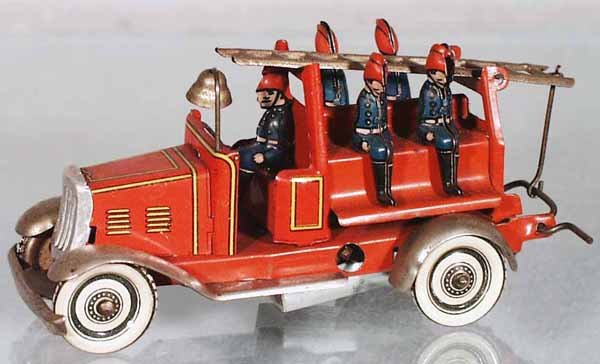 GERMAN FIRE ENGINE: lithographed tin, windup working, 4 1/4 in long, C7-8.