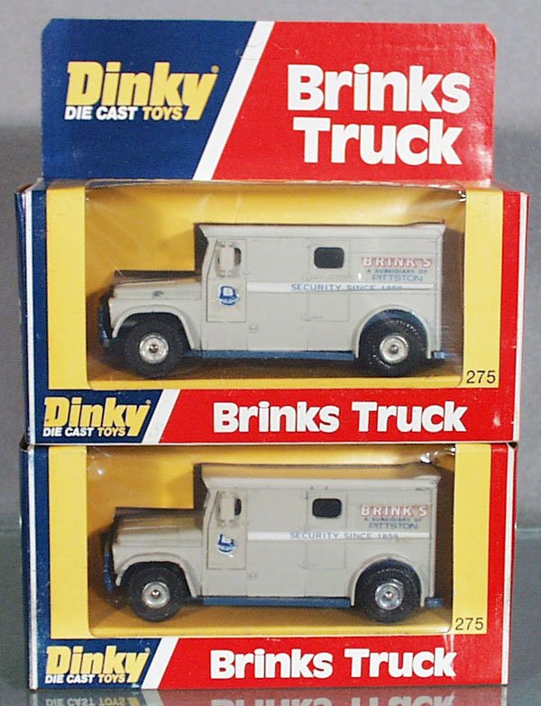 2 DINKY 275 BRINKS TRUCKS: both have decals lifting off, orig boxes, C7-8.