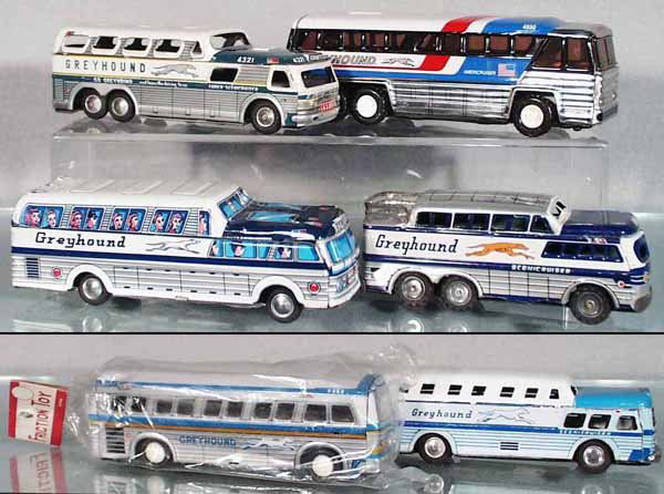 6 GREYHOUND BUSES: lithographed tin, 5 3/4 in to 7 1/2 in long, frictions working, 1 is Buddy L, C7-10.