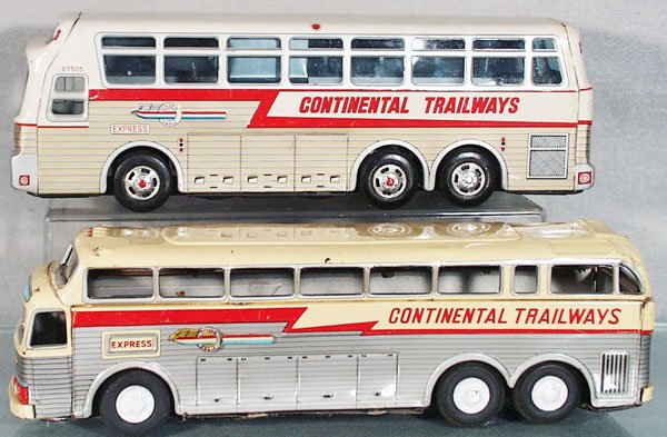 5 CONTINENTAL TRAILWAYS BUSES: Japan, lithographed tin, friction working, some sluggishly, 1 is 14 in long w/black plastic wheels; 1 is Daiya, 13 1/2 in long, black rubber tires, playwear & touch up; 1 is 10 3/4 in long, black plas