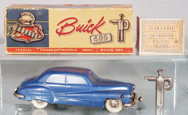PRAMETA BUICK 405: die cast, blue, windup working, w/key, guarantee tag & instructions, orig box rough & incom, C7-8.