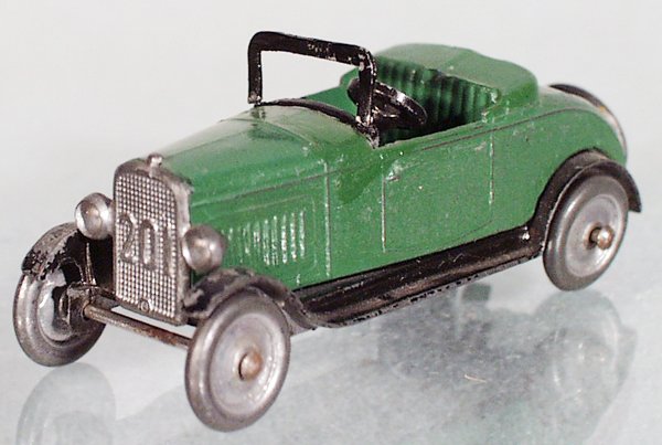 AR 201 PEUGEOT ROADSTER: French, 1920's, die cast, green & black, windshield & frame missing, 3/14 in long, C5-6.