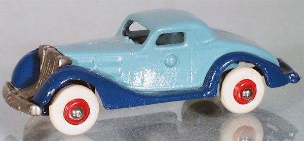 ARCADE CHEVROLET COUPE: painted cast iron w/nickel grille, 2-tone blue, 4 3/4 in long, restored, C9.