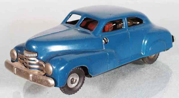 JNF PERFEKT CHEVROLET: US Zone Germany, lithographed tin, blue w/black rubber tires, windup working, 5 1/4 in long, C8.