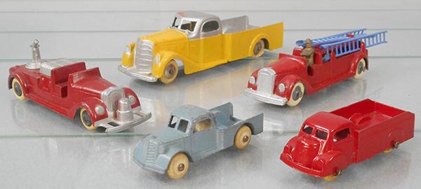 5 TOOTSIETOY VEHICLES: 1041 Mack Hose Car, 1019 Jumbo Pick Up, yellow & silver, 2 tires flat, 1040 Mack Ladder Wagon, 121 Pick Up, blue, 234 Box Truck, red, C5-8.
