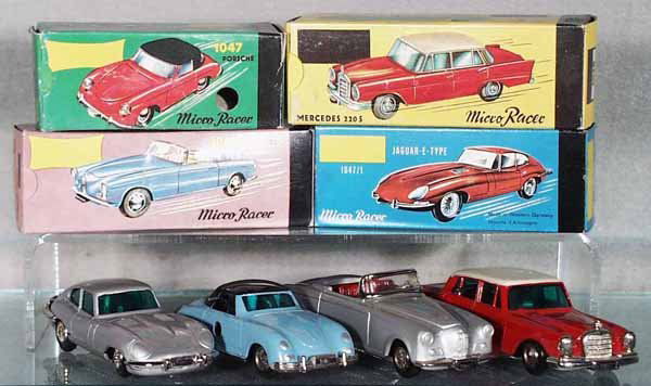 4 SCHUCO MICRO RACER REPLICAS: 1047/1 Jaguar, 1047 Porsche, 1048 BMW, 1038 Mercedes, all are made with orig Schuco tooling, but with no maker's mark, w/keys, orig boxes, C9.