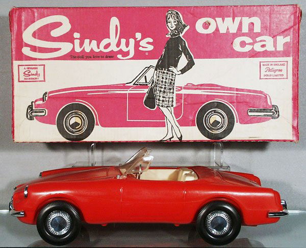 TAMMY & SINDY MG AUTOS: plastic autos made for dolls, each 18 in long, Sindy's Own Car by Pedigree, windshield warped, Tammy's Car made by Ideal, they are the exact same car, both have minor wear, orig boxes have minor wear,
