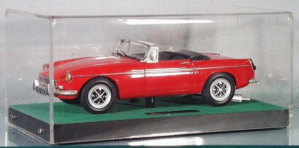 RAE MGB ROADSTER CONVERTIBLE: die cast, red, in plexiglass & wood case, C9.
