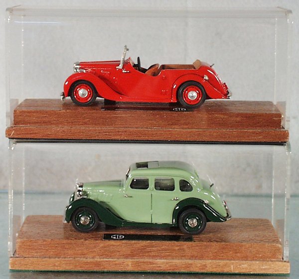 2 RAE MG AUTOS: die cast, 1950 MG YT Drophead, 1950 MG YT Sedan, in plexiglass & wood display cases, C9.