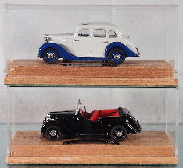 2 RAE MG AUTOS: die cast, 1950 MG Y Type Sedan, 1950 MG Y Type Convertible, in plexiglass & wood display cases, C9.