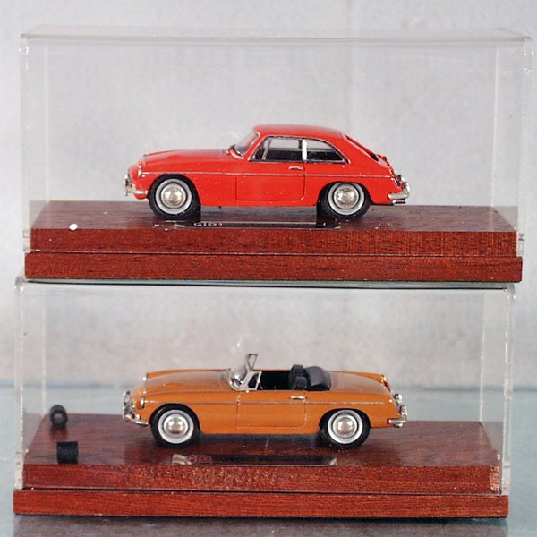 2 RAE MG AUTOS: die cast, MGC GT Coupe, MGC Roadster, in plexiglass & wood display cases, C9.