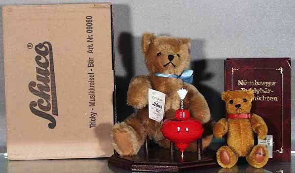 2 SCHUCO TRICKY BEARS: plush, 9060 Bear, w/wood base & top, 10 1/2 in tall, w/6 1/2 in replica Bear, both are limited editions, orig boxes, C9.