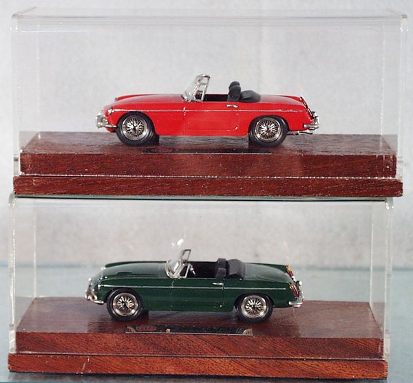 2 RAE MG AUTOS: die cast, MGB Roadster, MGB Roadster, in plexiglass & wood display cases, C9.