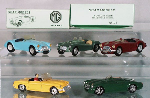 5 MG MODELS: resin, 3 Sears MGA's, unmarked yellow MGB, 3J Models Racer, 3 orig boxes only, C8-9.