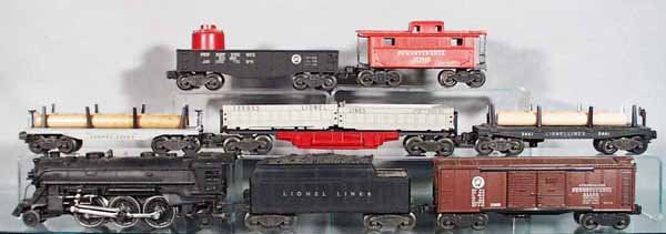 LIONEL TRAIN SET: O ga, 224 loco, 2466T tender, 2458 PA box car, oxidation spot on 1 doorguide railing, 6411 lumber car, 3959-55 double dump car, 3461 log dump car, 2452X gondola, 2472 caboose, C6-7.