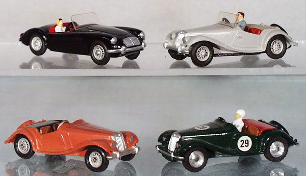 4 WESSEX COPY CAT MG MODELS: white metal, Wessex black MGA & gray MGTF, w/peach MGTF, copy cat BRG MGTF racer, C8-9.