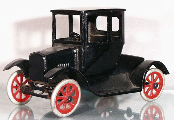 BUDDY L FLIVVER COUPE: painted pressed steel, 11 in long, repainted, C4-5.