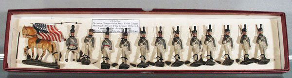 LINEOL WEST POINT CADETS: composition, 2 3/4 in tall, 12 pieces, flag bearer has broken plume, some cracks, C4-6.