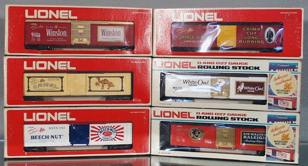 6 LIONEL MPC TOBACCO CARS: O ga, 7701 Camel, 7702 Prince Albert, 7703 Beech Nut, 7706 Raleigh, 7707 White Owl, 7708 Winston, orig boxes, some have wear, C8-9.