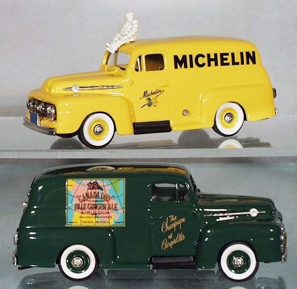 2 BROOKLIN #42 1952 FORD PANEL VANS: Michelin & Canada Dry, orig boxes minor wear, C9-10.