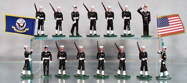 3 MARTIN RITCHIE SETS: 232 US Navy Color Guard, 5 pieces; 130 Armed Sailors w/Chief Petty Officer, 5 pieces; 130 US Navy Sailors, 5 pieces, orig boxes & inserts, C9-10.