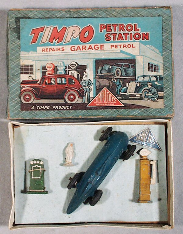 TIMPO PETROL STATION SET: w/MG Magic Midget Racer, driver, gas pump, oil rack, orig box & insert minor wear, C6-7.