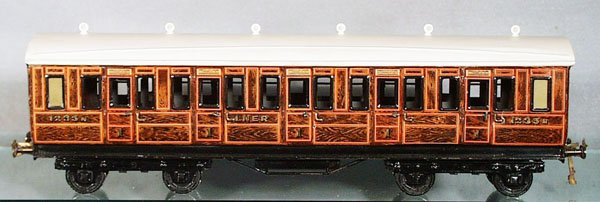 2 BING LNER COACHES: 1 ga, handpainted & litho tin, cars have full interiors & opening doors, each 19 1/2 in long, 1 car has 2 small bumps on roof, C7.