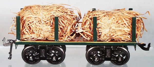 BING 10/545/0 FLAT CAR W/HAY: O ga, litho tin, C8-9.