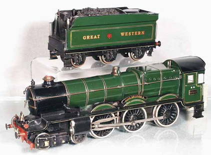 BASSETT-LOWKE KING GEORGE V LOCO & TENDER: O ga, made by Marklin for Bassett-Lowke, handpainted tin, dark green, electric, 18 1/2 in long, C7-8.