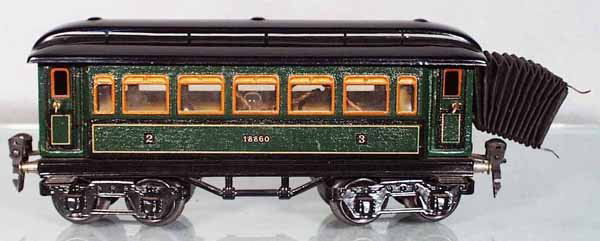 MARKLIN 1886/0 2ND & 3RD CLASS COACH: O ga, handpainted tin, w/orig lighting kit & bellows, C8-9.