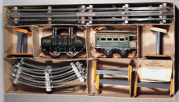 BING 71/5604/01 RACK RAILWAY SET: O ga, 3238 NYC loco, electric, handpainted tin, 1 small dent on bottom of chassis edge, w/Kenosha coach, complete w/track & trestles, orig box minor wear, C8.