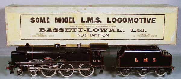 BASSETT-LOWKE 5611/0 LMS ROYAL SCOT LOCO & TENDER: O ga, handpainted tin, DC electric, black, 18 1/2 in long, orig box some wear & tape, C7.