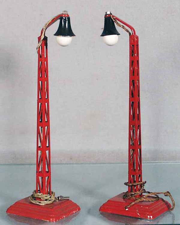 2 MARKLIN 13452/1 LAMP POSTS: handpainted tin, some paint chipping on bases, 1 base has a scratch, each 9 3/4 in tall, C6.