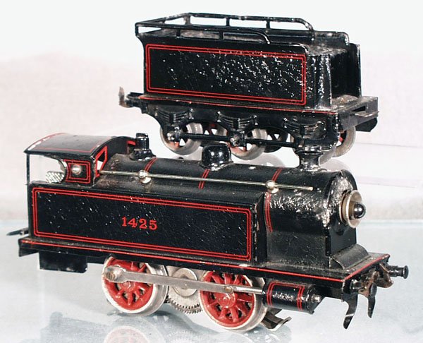 BING 1425 LOCO & TENDER: O ga, handpainted tin, electric, 14 in long, C7-8.