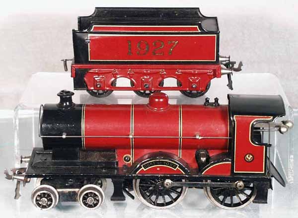 BING FOR BASSETT-LOWKE DUKE OF YORK LOCO & TENDER: O ga, litho tin, clockwork working, maroon, 15 in long, orig box worn & taped, C7.