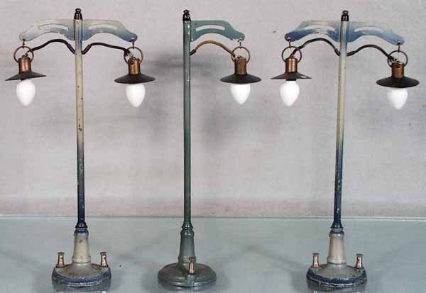 3 BING STREET LAMPS: handpainted tin, electric, 2 double lamp posts, 1 single, 10 in tall, C5-6.