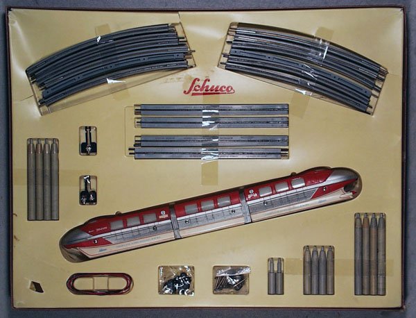 SCHUCO 6333 MONORAIL SET: red, w/some decal wear, w/track & accessories, orig set box & insert worn, C6-7.