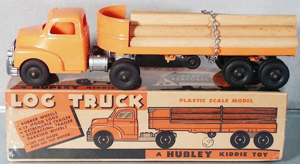 HUBLEY KIDDIE TOY 356 LOG TRUCK: plastic, 12 in long, orig box minor wear, C9.