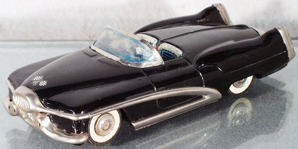 YONEZAWA BUICK LE SABRE CONCEPT CAR: 1950's, litho tin, friction works sluggishly, black w/black rubber tires, interior has lithography disturbance, C7.
