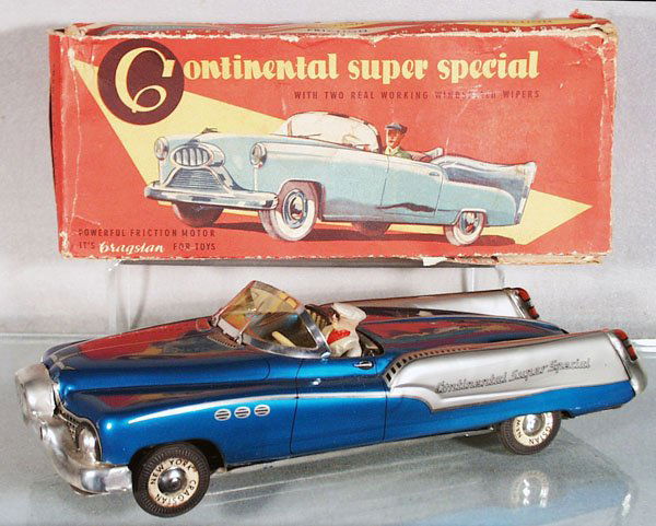 CRAGSTAN 20522 CONTINENTAL SUPER SPECIAL: Western Germany, 1950's Buick Le Sabre concept car, litho tin, friction working, w/composition driver, windshield wiper working, 13 1/2 in long, orig box rough, C7-8.