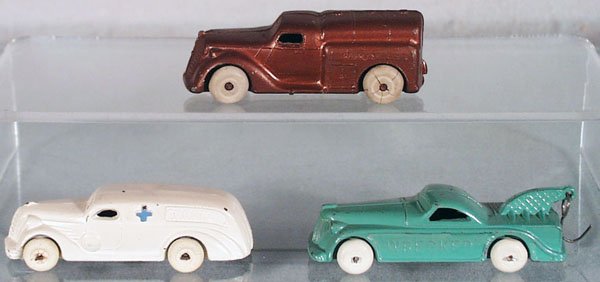 3 SLUSH DIE CAST TRUCKS: all are 3 1/2 in long, Gas Truck, Barclay Ambulance, Lincoln White Metal Wrecker, C5-6.