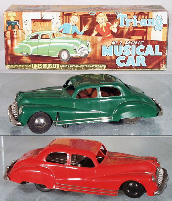 2 MINIC BUICKS: plastic, both have minor body warps, windups working, 205M #2 Musical Car, green, plays "The Miller's Flowers", orig box; 209M #2 Non-Fall Car, red, C8.