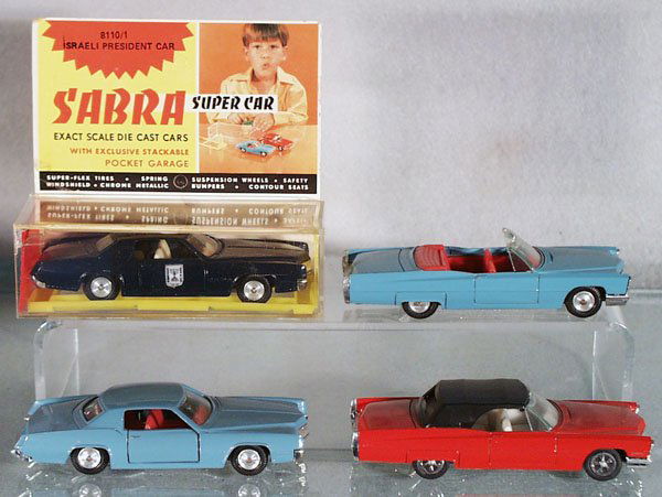 4 SABRA CADILLACS: die cast, 8110/1 Israeli President Car, w/orig display box, 2 #8123 Cadillac Convertibles, 8110 Eldorado, C8-9.