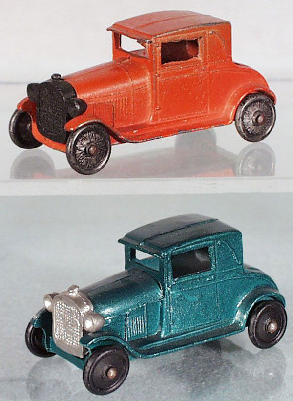 2 TOOTSIETOY FORDS: 4655 red Model A Coupe, w/green English copy Model A Coupe, C6-7.